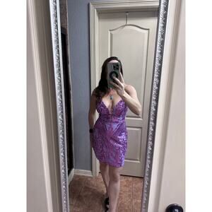 Purple sequin Lavetir party dress, open back, corset back